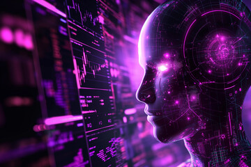 Futuristic AI head with glowing neon interface, cybernetic processing, and digital data analysis