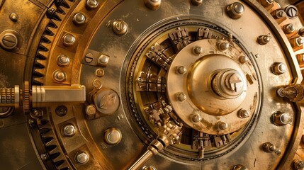 A close-up view of a massive bank vault door, emphasizing its intricate and secure locking mechanism. The golden metallic surface and detailed bolts convey strength, security, and impenetrability.