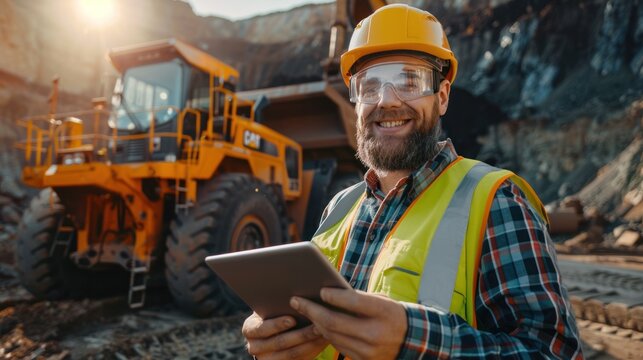 Successful bearded civil engineer wearing protective glasses and smiling at camera at construction site on sunny day while heavy machinery works Man holding a tablet wearing a hard hat, safety vest