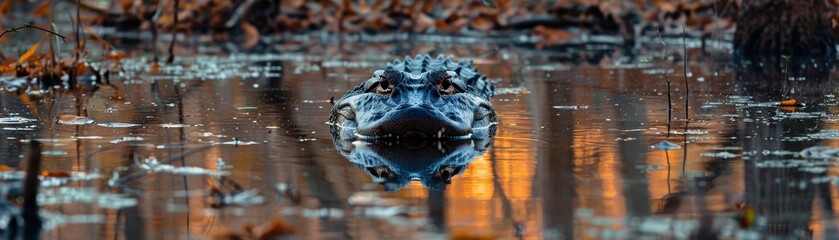 Obraz premium A crocodile is swimming in a pond