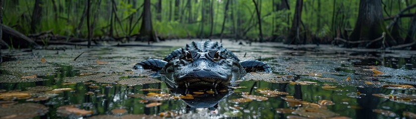 Naklejka premium A crocodile is swimming in a pond
