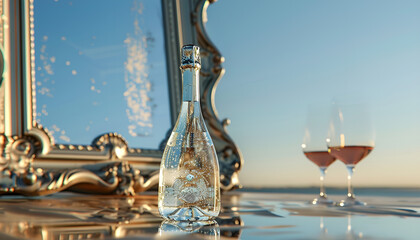 bottle of sparkling wine resting on a table in Italy, mirrored in a large baroque mirror