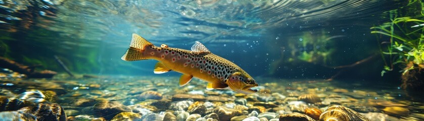 Fototapeta premium A brown and white fish swimming in a river