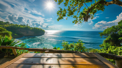 Tranquil Bali Paradise: Table Overlooking Blue Sea in Idyllic Landscape under Sunny Blue Sky