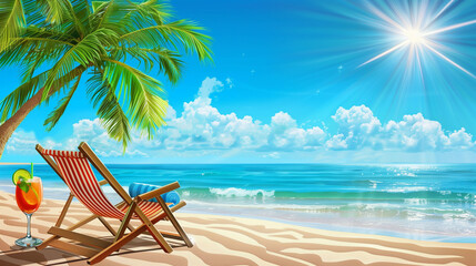 Tropical Paradise Escape - Deckchair on Sunny Beach with Palm Trees and Cocktail by the Sea