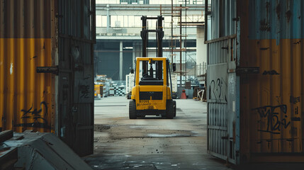 Forklift truck in warehouse efficient and organized setting industrial and logistical environment heavy lifting equipment busy and active scene essential for warehouse operations