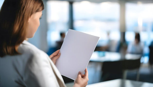 Woman looking at a white empty magazine cover DIN A4 format as a mock-up. Office.