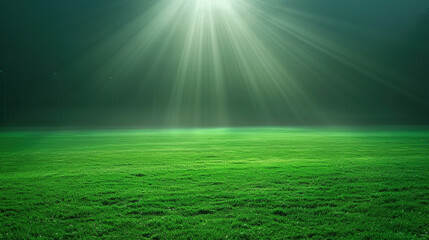 Green soccer field under the glow of spotlights background vibrant and well-lit playing surface dramatic and focused atmosphere night game setting crisp and clear pitch intense and competitive sports 