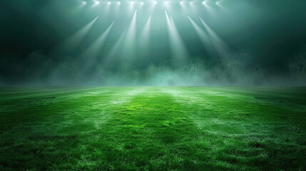 Green soccer field under the glow of spotlights background vibrant and well-lit playing surface dramatic and focused atmosphere night game setting crisp and clear pitch intense and competitive sports 