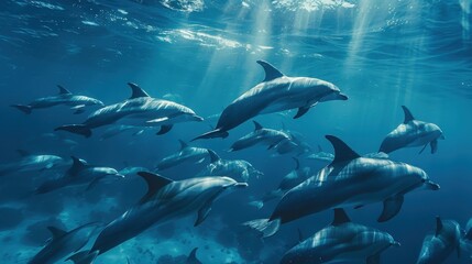A group of dolphins swimming in the ocean