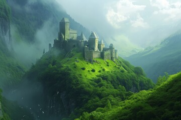 A majestic castle stands atop a lush green mountain, commanding attention with its grandeur and picturesque surroundings, Medieval fortress in a lush green valley, AI Generated