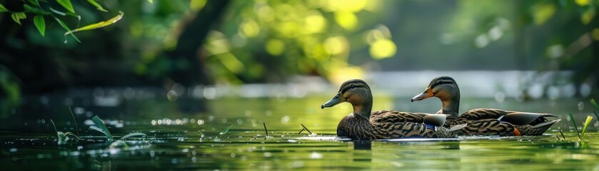 Obraz premium Two ducks swimming in a pond
