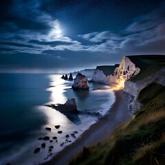 Fototapeta premium A captivating night scene unfolds with a full moon illuminating a dramatic coastline, featuring towering cliffs, a sandy beach, and a tranquil sea.