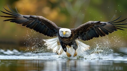 Fototapeta premium A bald eagle is flying through the air and splashing water