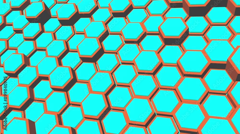 Poster 3d rendering animation of hexagons with a vibrant blue and red color scheme.