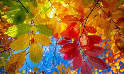 Leaves of trees changing colors with the change of seasons from summer to fall