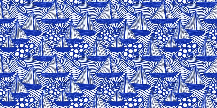 Coastal sail boat in azure ocean blue seamless border background, Modern sailing race boat block print banner for decorative coast interior furnishing fabric edge trim. 