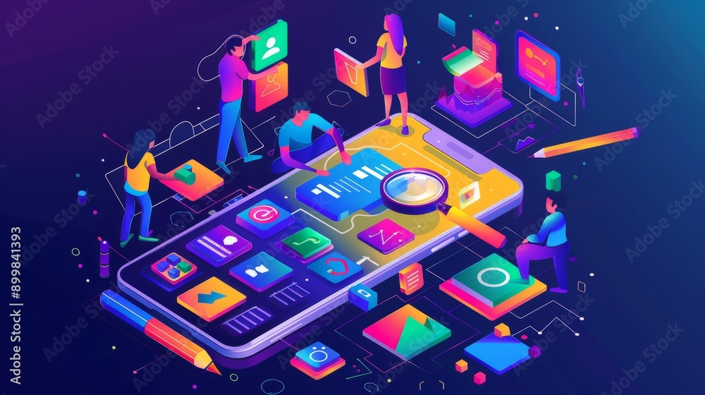 Wall mural an isometric vector illustration of an app designer and several designers working on mobile ui/ux de