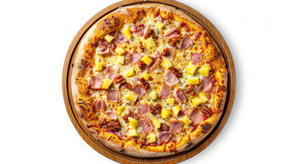 Top view of full Hawaiian pizza floating in the air isolated on white background delicious and savory toppings crispy and golden crust vibrant and mouth-watering appearance appetizing and inviting