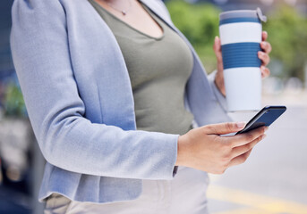 Woman, hands and phone with location in street for ride share, information and communication. Business, person and body with tech by coffee for transport, destination or waiting for driver in morning