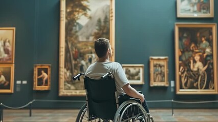 A young caucasian man in a wheelchair, dressed casually, observes paintings in a museum gallery during the day. The mood is reflective as he engages with the art around him. - Powered by Adobe