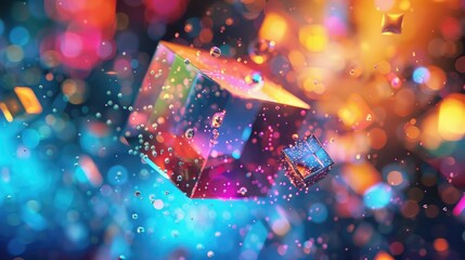 abstract colorful square cube shape, cinema , ambient occlusion, render, maya, vibrant, particles around, little liquid AI generated
