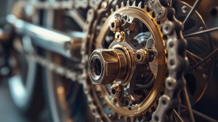 Close-up view of a bicycle's intricate gear mechanism, highlighting the metallic details and engineering precision. Perfect for illustrating mechanical components, cycling gear, and technical design.