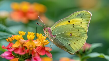 A green butterfly is sitting on a flower