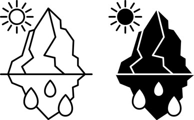 Ice Melting Icons. Black and White Vector Icons. Sun and Melting Glacier. Global Warming. Ecological Problem. Climate Change Concept