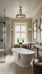 A high-end bathroom with a freestanding bathtub, walk-in shower, and stylish fixtures, captured in sharp focus