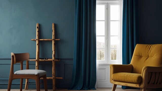 Camera scandinava blu con tre cornici verticali brillanti. Camera scandinava blu con tre cornici verticali in un poster di design luminoso che si rimbalza sullo sfondo del muro di boho
