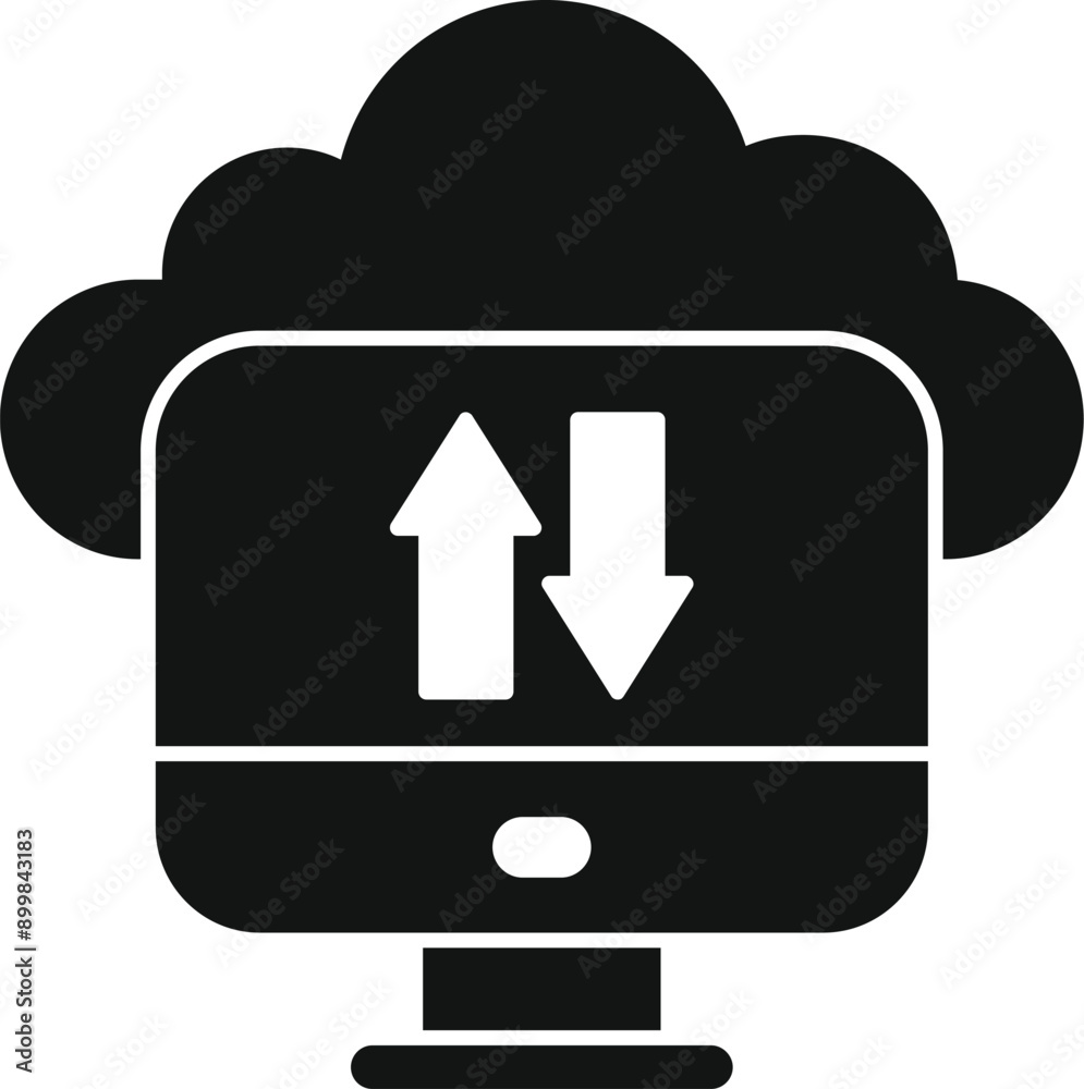 Poster black icon of a desktop computer with up and down arrows, representing data transfer to and from a c