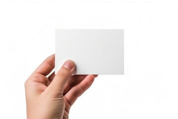 Photo of a hand holding an empty business card mockup on a white background, with no text or design visible. The person is on the left side and their finger has just transparently creat