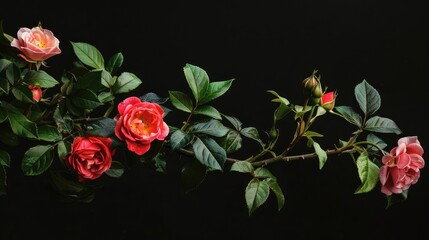 Macro image of branch with red and pink rose blossoms and green leaves on black background