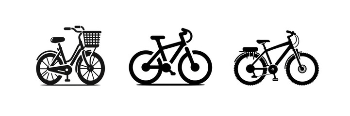 Set of Silhouette image of bicycle icon, isolated over on transparent white background