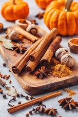 ustic wooden board filled with autumn spices including cinnamon sticks, nutmeg, and cloves. Surrounding the board are small pumpkins © World of AI