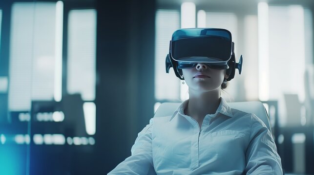Young businesswoman experiencing virtual reality technology in her modern office, exploring innovative simulations and enhancing professional skills