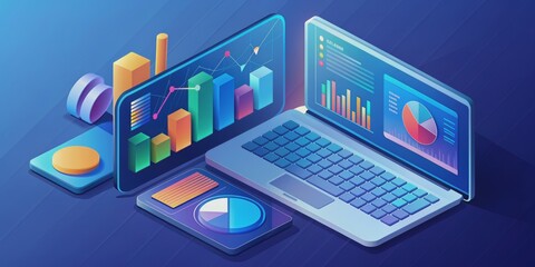 Obraz premium Isometric Illustration of a Laptop with Colorful Charts and Graphs, Business Analysis, Data Visualization, Business Growth, Digital Marketing