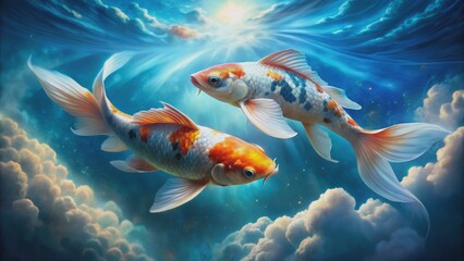 Koi in the Clouds - Two colorful Koi fish swimming upwards through a surreal sky of fluffy clouds, Digital Art, 2D, Fantasy, Aquatic Life, Koi, Fish