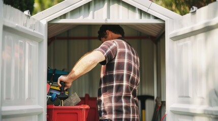 A man searching for a lawnmower part in a cluttered shed filled with gardening tools, supplies, and equipment on a sunny day
