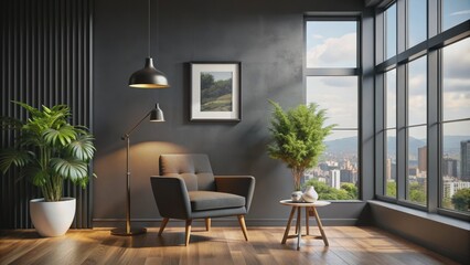 Modern Living Room with City View and Floor Lamp, 3D Rendering, Interior Design, Cozy, Apartment, Home Decor, Lighting