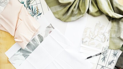 Creative Workspace with Colorful Fabric Samples, Architectural Plans, and Stylish Pen on Wooden Table. Organized Workspace for Design Work.