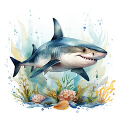Watercolor Reef shark, clipart Illustration, Generative Ai