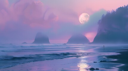 Fototapeta premium A serene coastal landscape at dusk with pink and purple sky, moonrise, and a lone figure on the beach