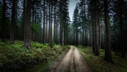 Fototapeta premium Un bosque oscuro y misterioso con árboles de coníferas altos y esbeltos.