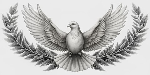Obraz premium Pencil Drawing of a Dove with Olive Branches, Dove, Peace, Symbol, Drawing