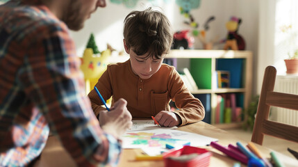 Father and son coloring together at home, bonding, learning through creative activity, family time, indoor fun, education concept