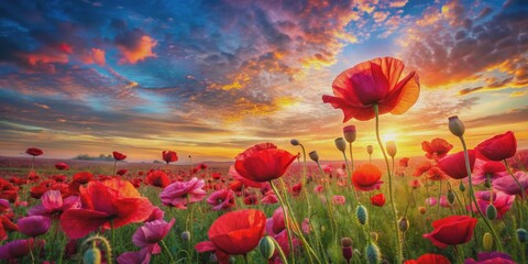 Obraz premium Poppy Field Sunset, Vivid Flowers, Golden Hour, Colorful Sky, Field of Poppies, Nature, Flowers