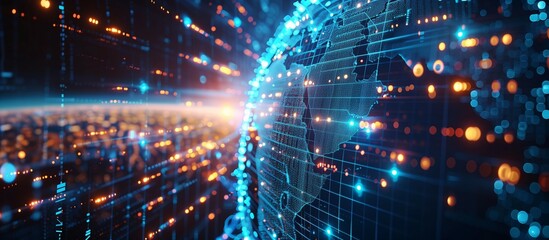 Obraz premium Digital world globe, business network, data network, concept of global network and connectivity, cyber technology, information exchange, high speed data transfer.