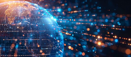Obraz premium Digital world globe, business network, data network, concept of global network and connectivity, cyber technology, information exchange, high speed data transfer.